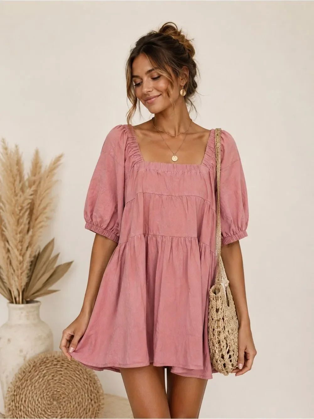 Boho Chic Square Neck Puff Sleeve Mini Dress in Dusty Rose